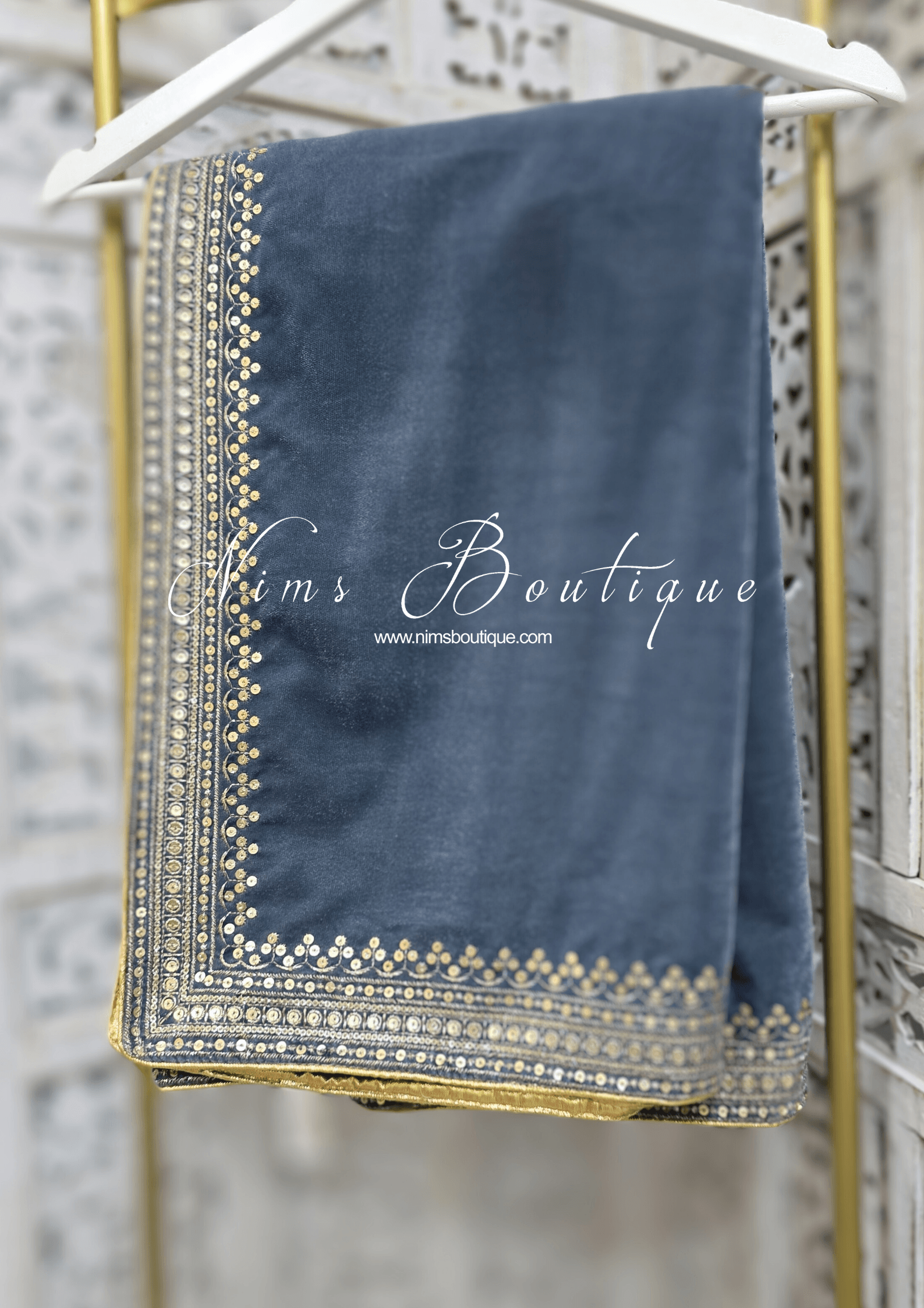 Nims Boutique Luxury Grey Velvet Embroidered Shawl