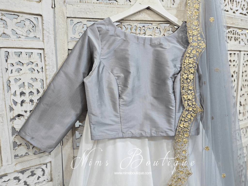Nims Boutique Grey Silk High Neck Blouse with sleeves 4-20