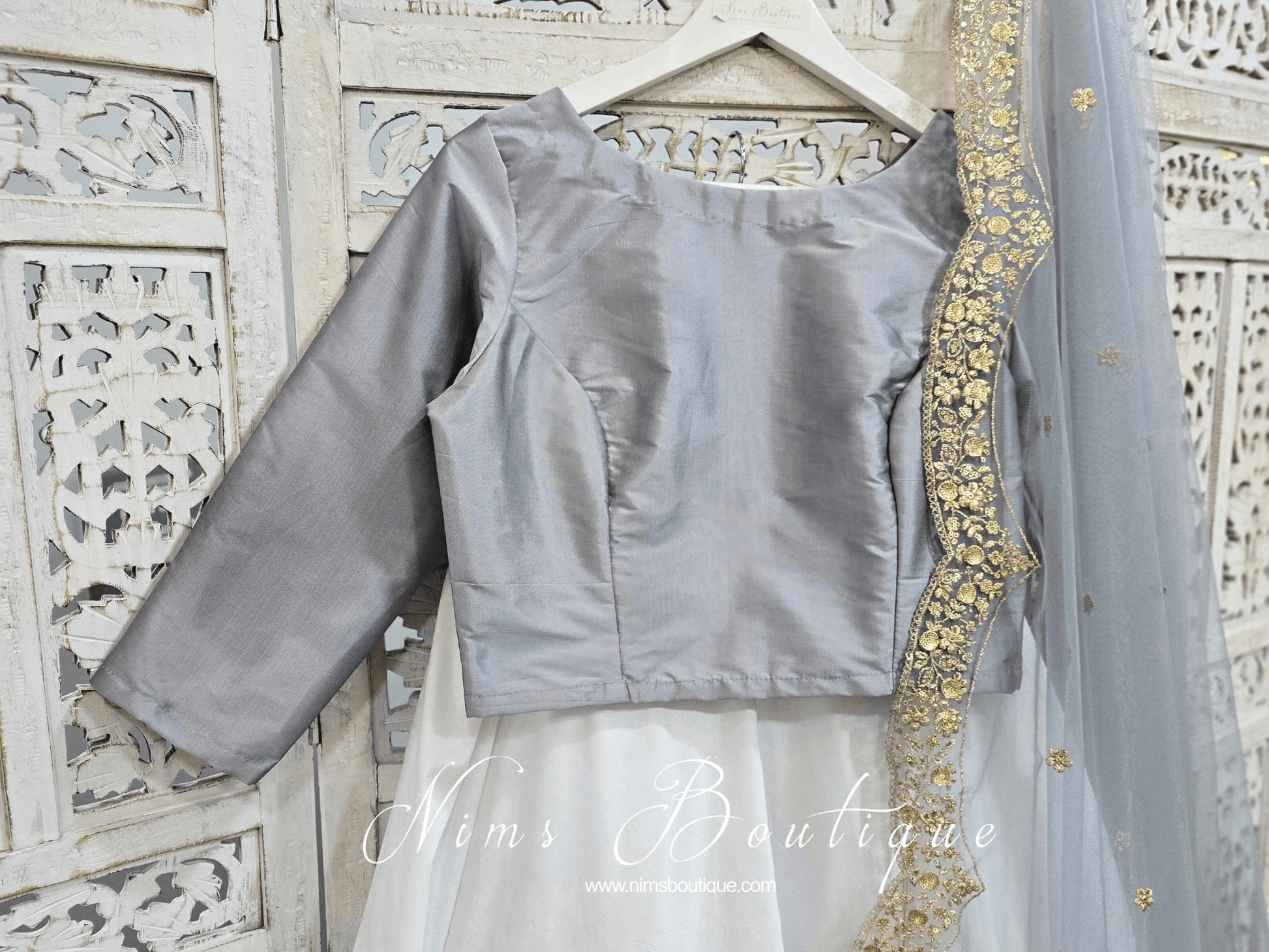Nims Boutique Grey Silk High Neck Blouse with sleeves 4-20