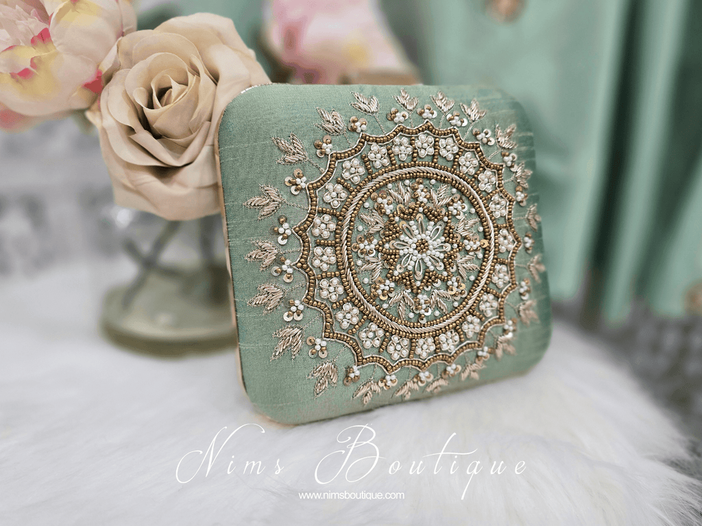 Nims Boutique Large Pistachio Raw Silk Pearl Embellished Clutch Bag
