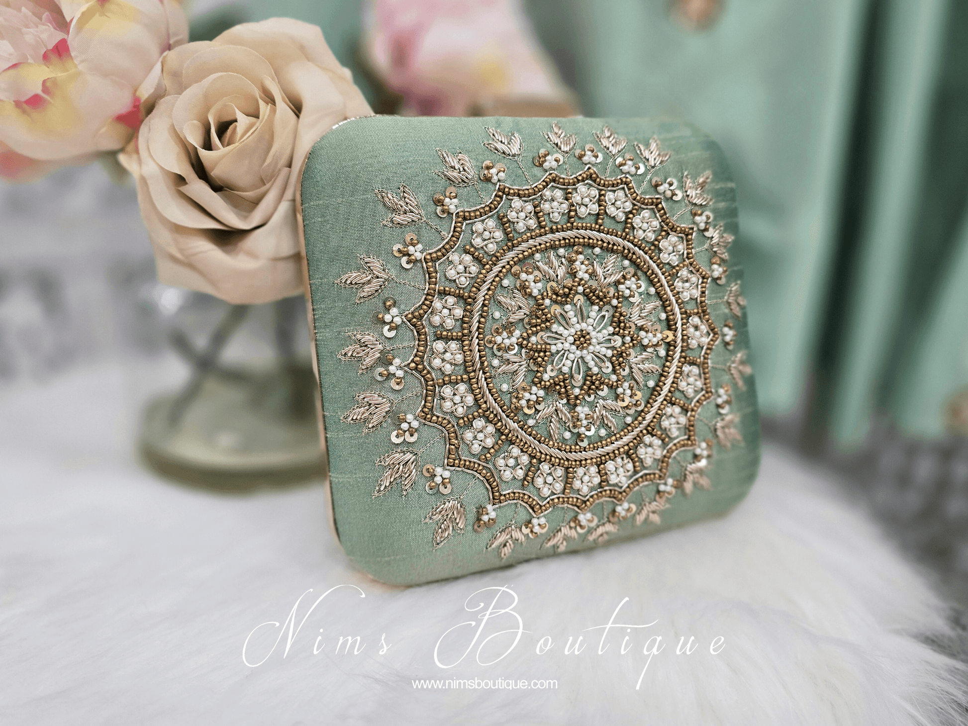 Nims Boutique Large Pistachio Raw Silk Pearl Embellished Clutch Bag
