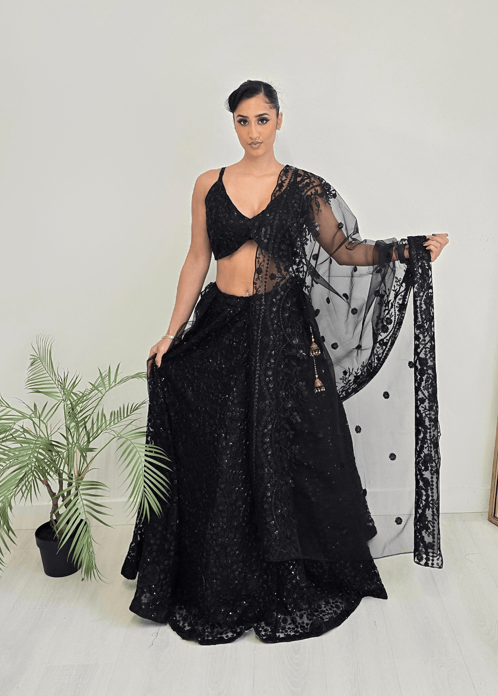 Nims Boutique Ayesha Black Net Embroidered Strap Blouse