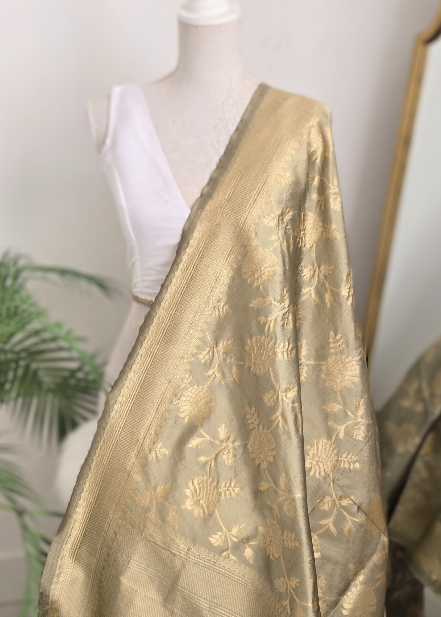 Dusky Sage Floral Silk Banarsi Dupatta/Chunni