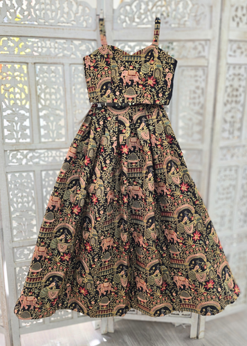 Luxury Elephant & Peacock Black thread embroidered Skirt