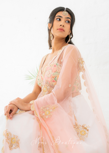 Peach Net Pearl Embellished Dupatta/Chunni with Pearl Edging