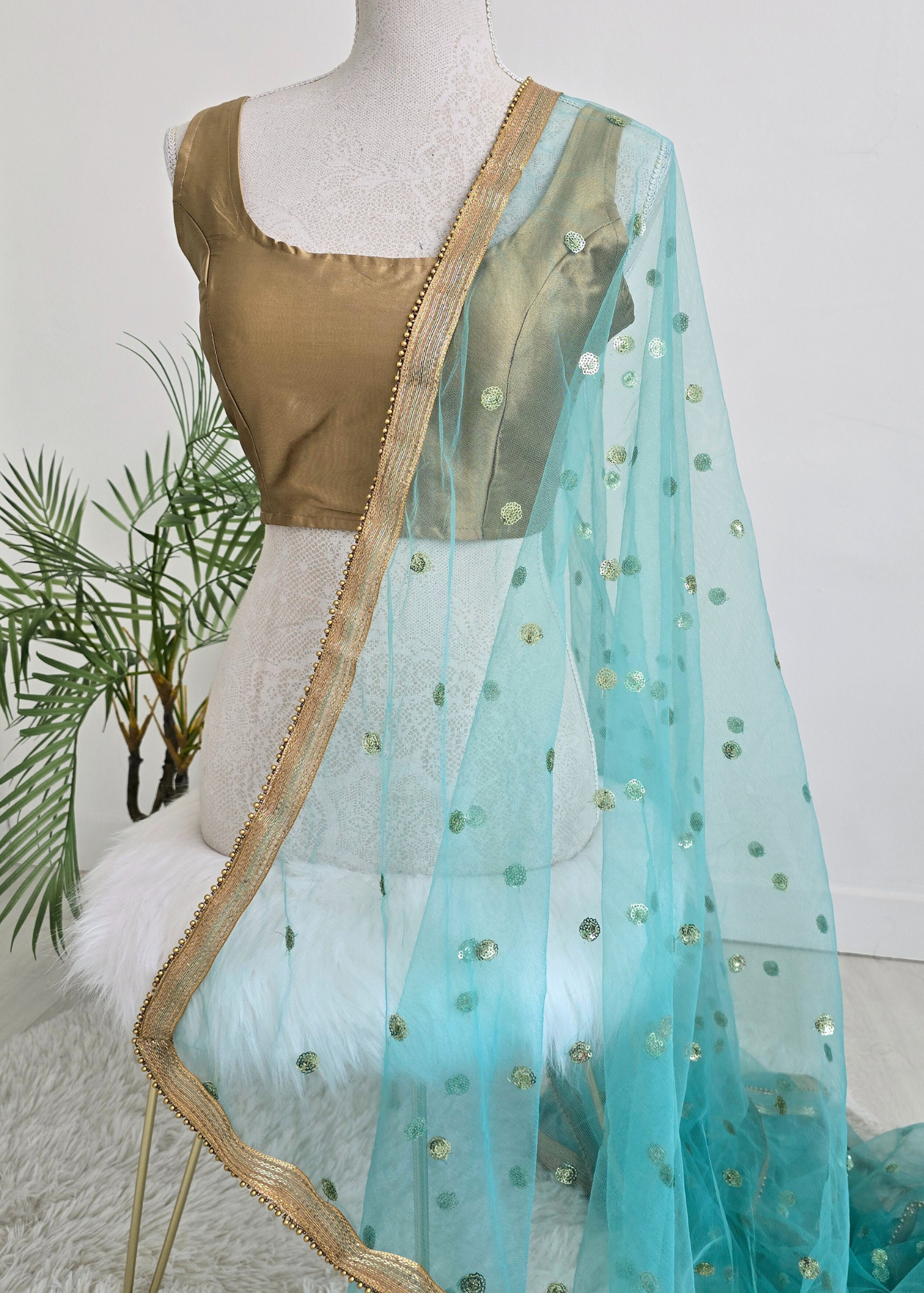 NB Light Teal Net Sequin Dupatta/Chunni