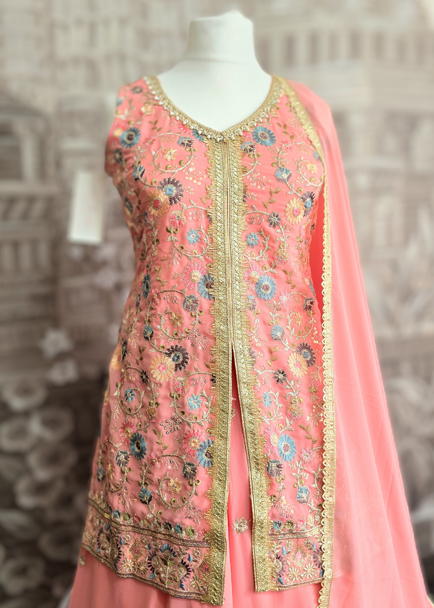 Peach Embroidered Sharara Suit (Size 10-12)