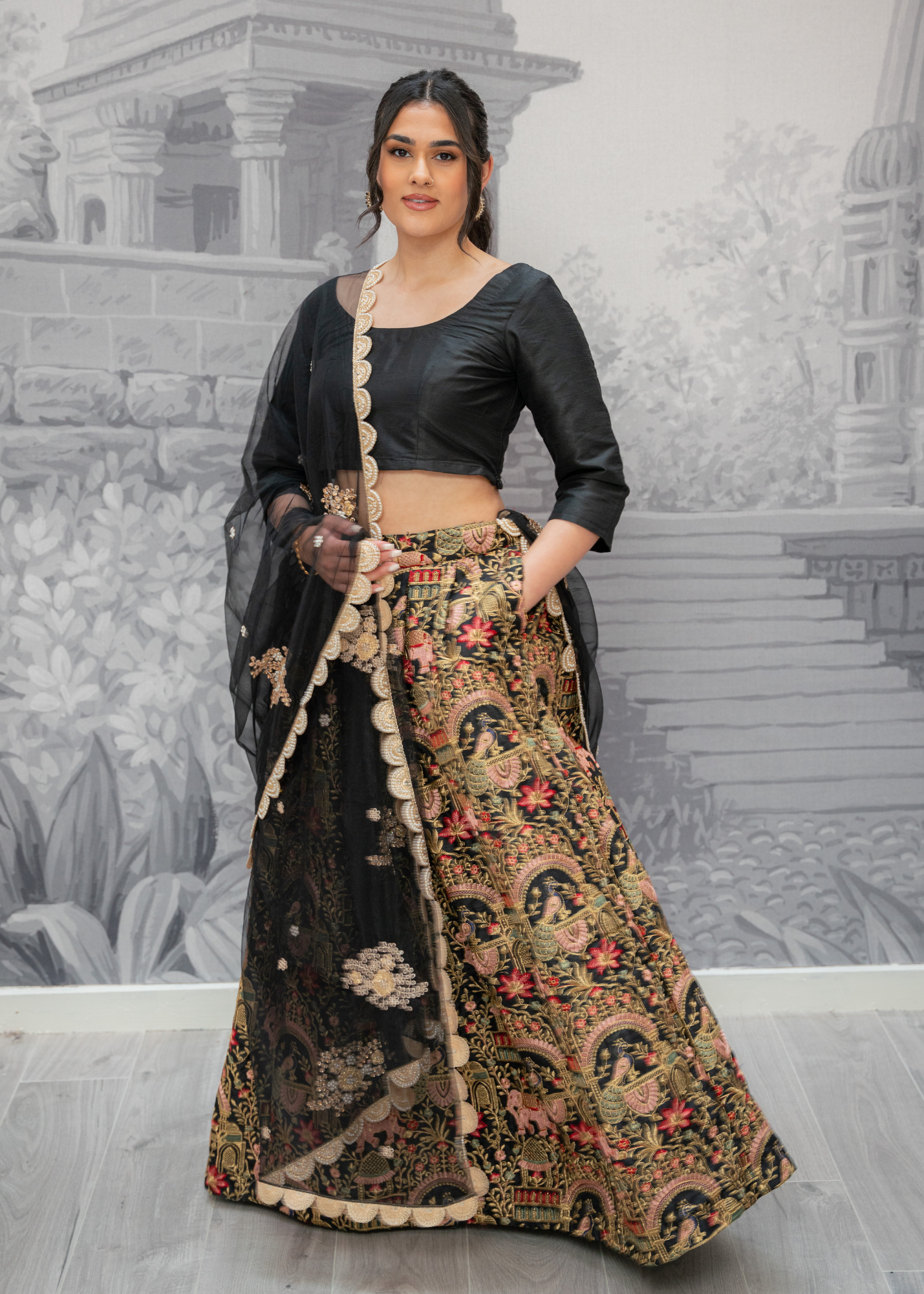 Luxury Elephant & Peacock Black thread embroidered Skirt