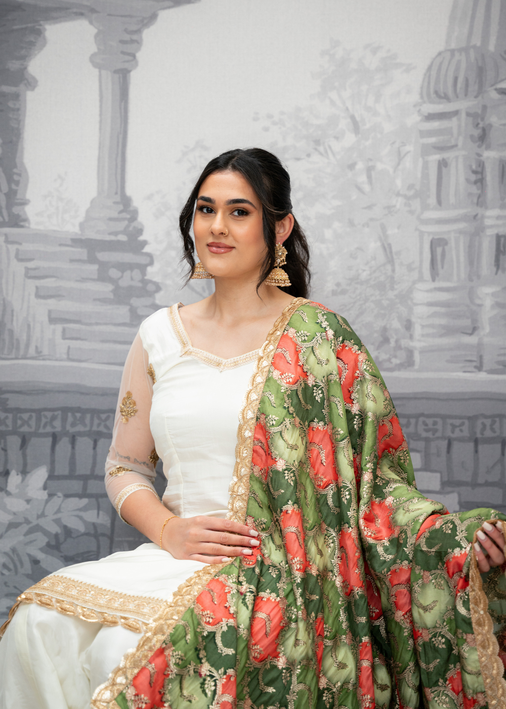 Tara Luxury Mehndi Green and Orange Brocade Dupatta/Chunni