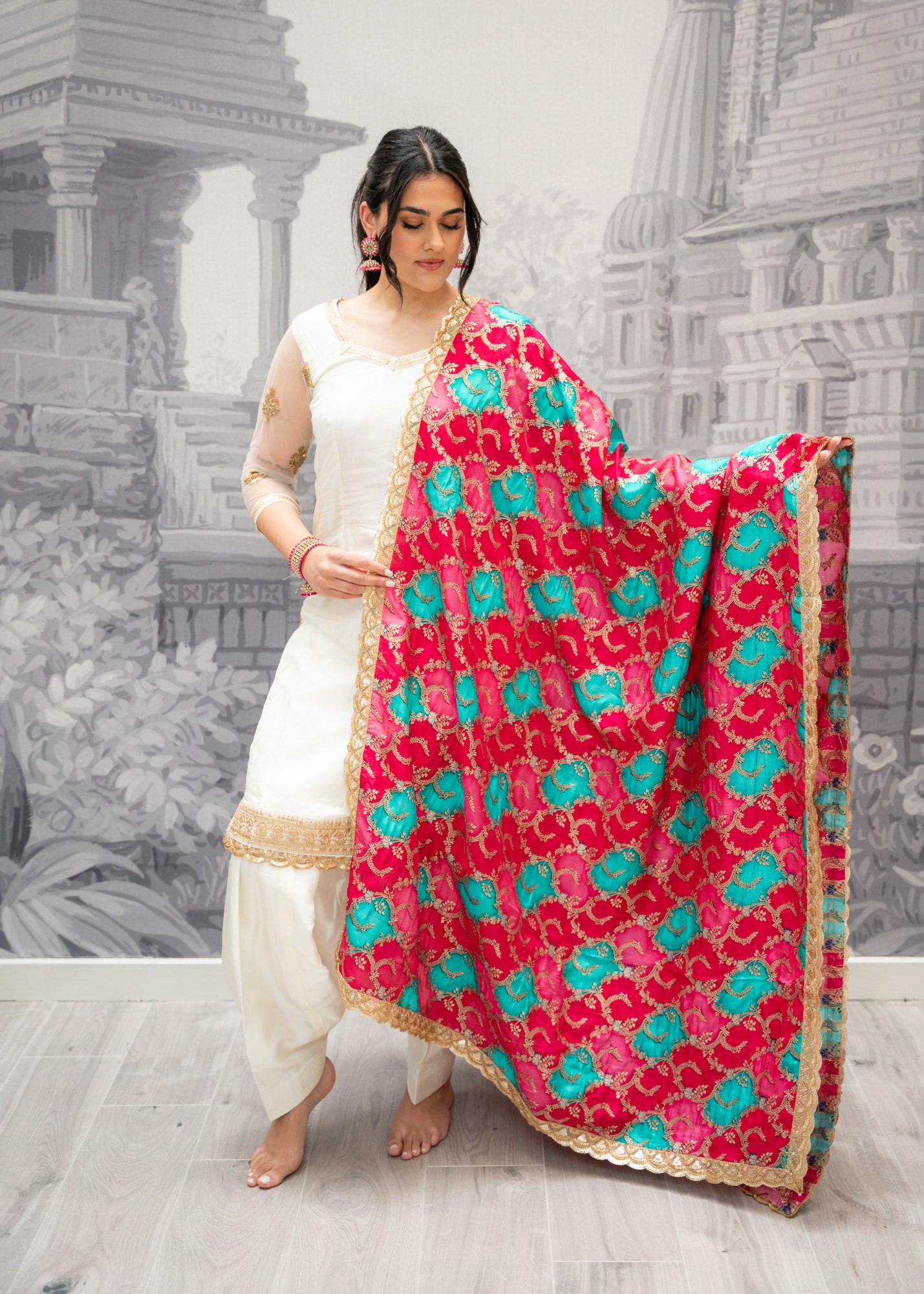 Long Sleeved Ivory Silk & Multicolour Salwar Suit (8-20)