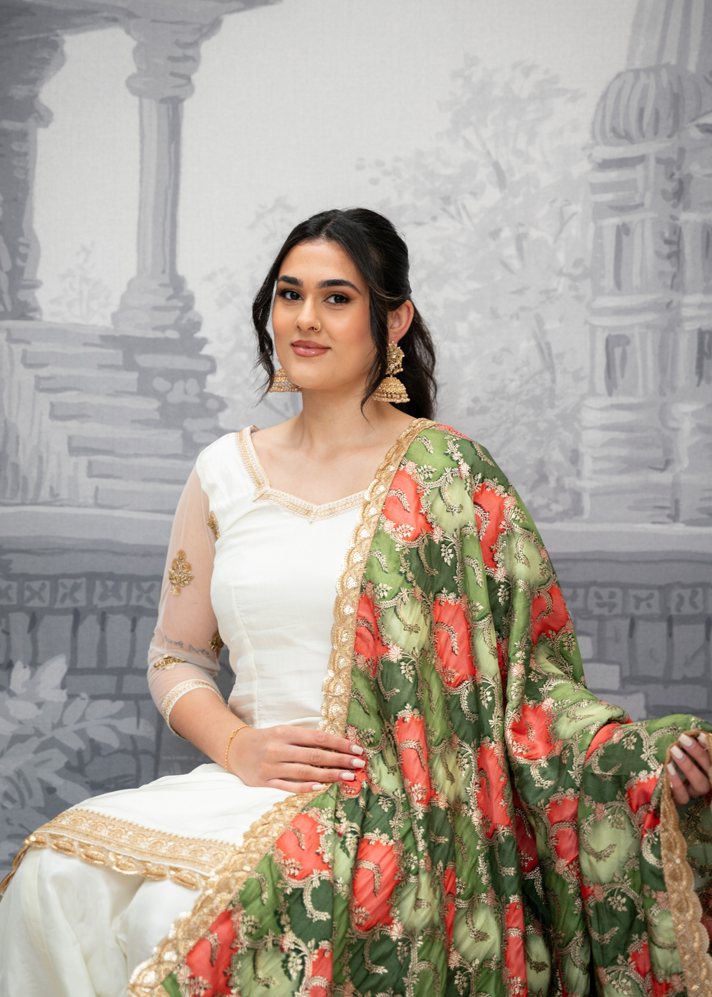 Long Sleeved Ivory Silk & Multicolour Salwar Suit (8-20)
