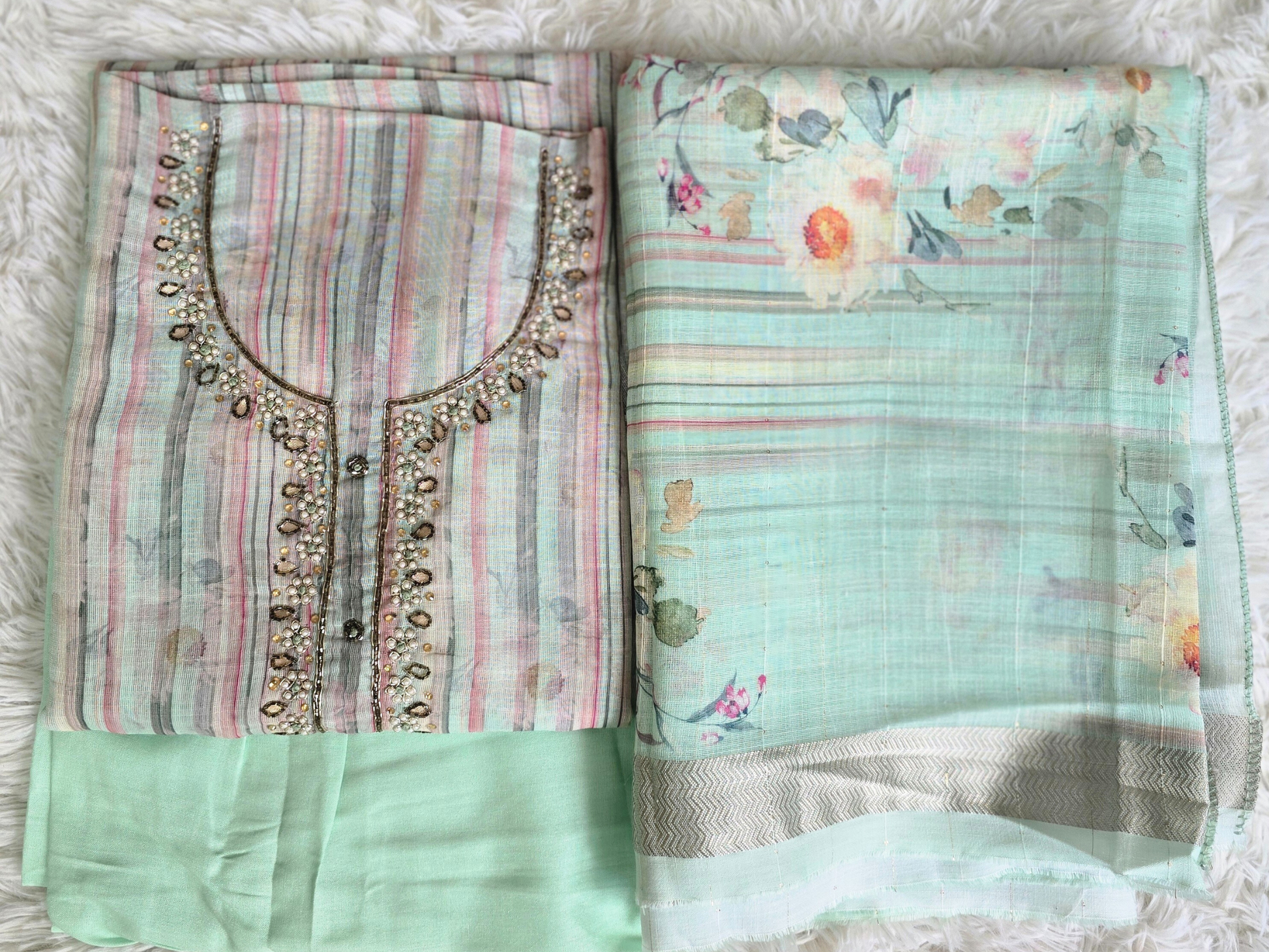 Unstitched Light Green Stripe Cotton Suit