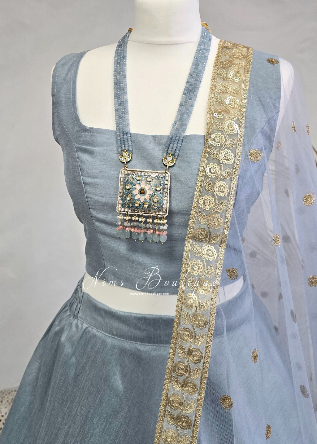 Saloni Sleeveless Dusky Blue Raw Silk Blouse (4-20)