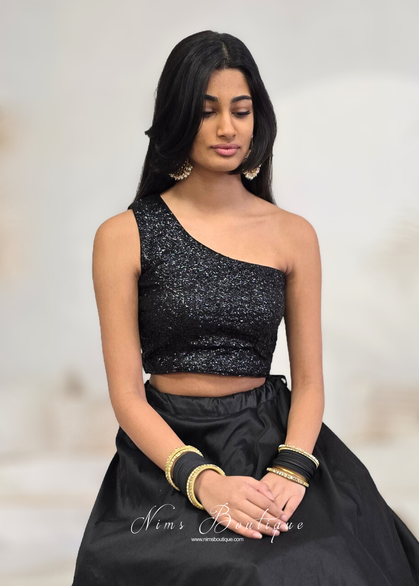 Luxury One Shoulder Black Sequin Blouse (4-22)