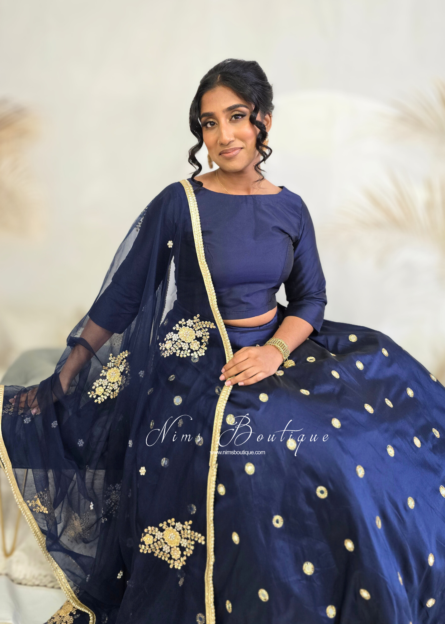 Navy Blue Silk High Neck Blouse with sleeves (size 4-26)