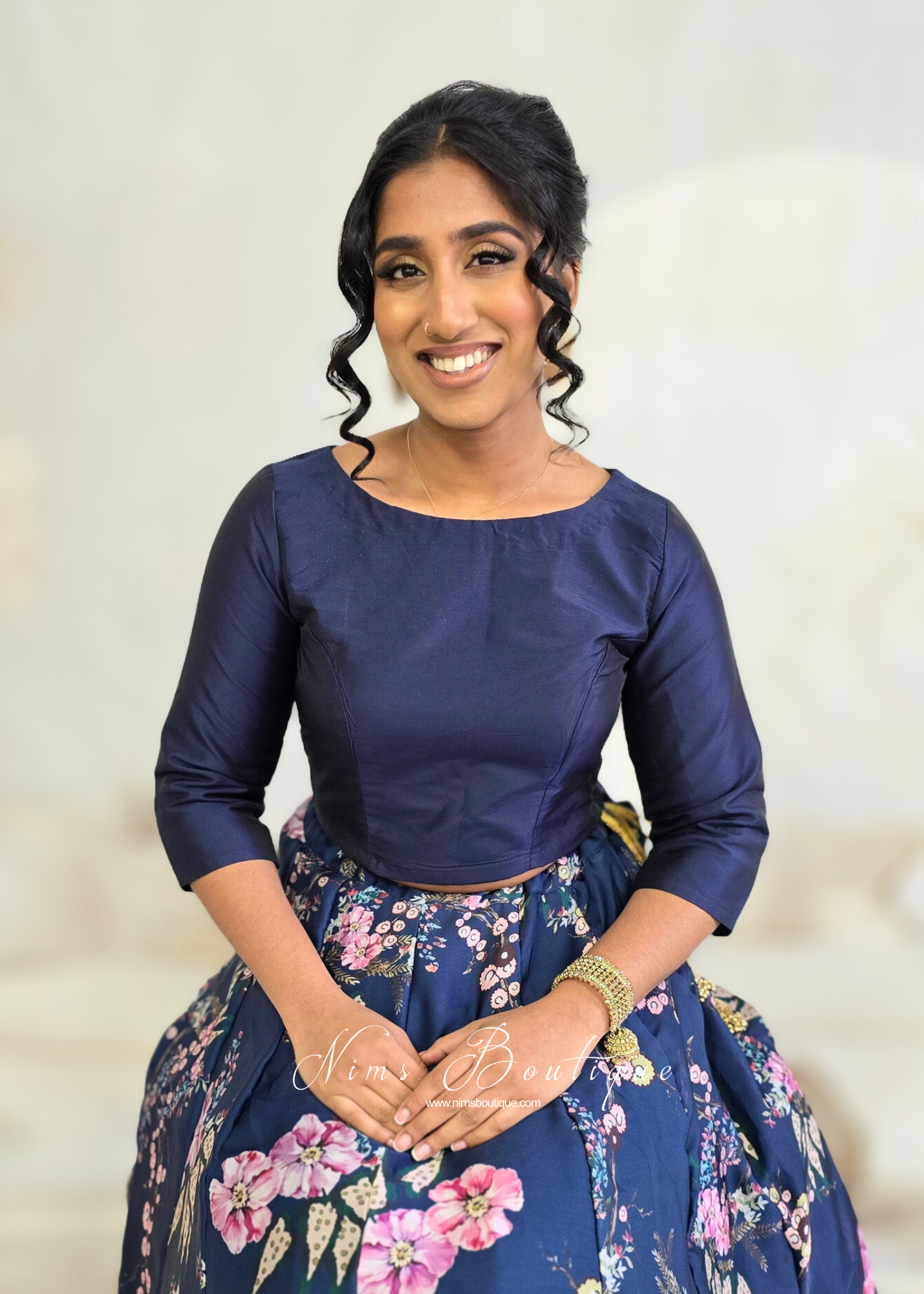 Navy Blue Silk High Neck Blouse with sleeves (size 4-26)