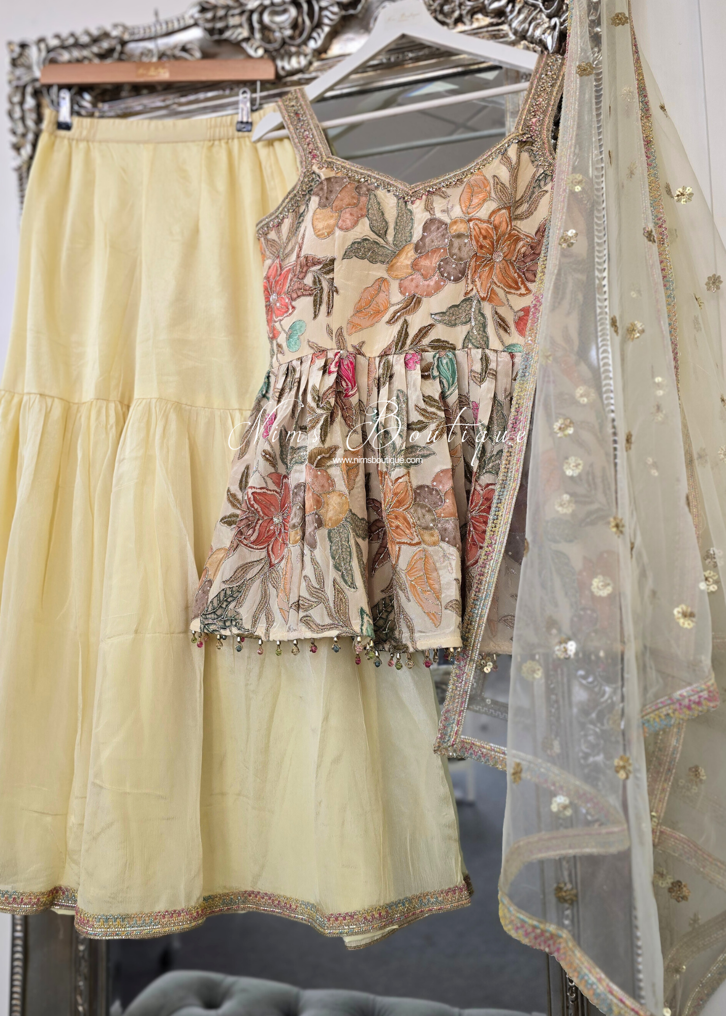 Lemon Frock Thread Embroidered Gharara Suit (size 12-14)