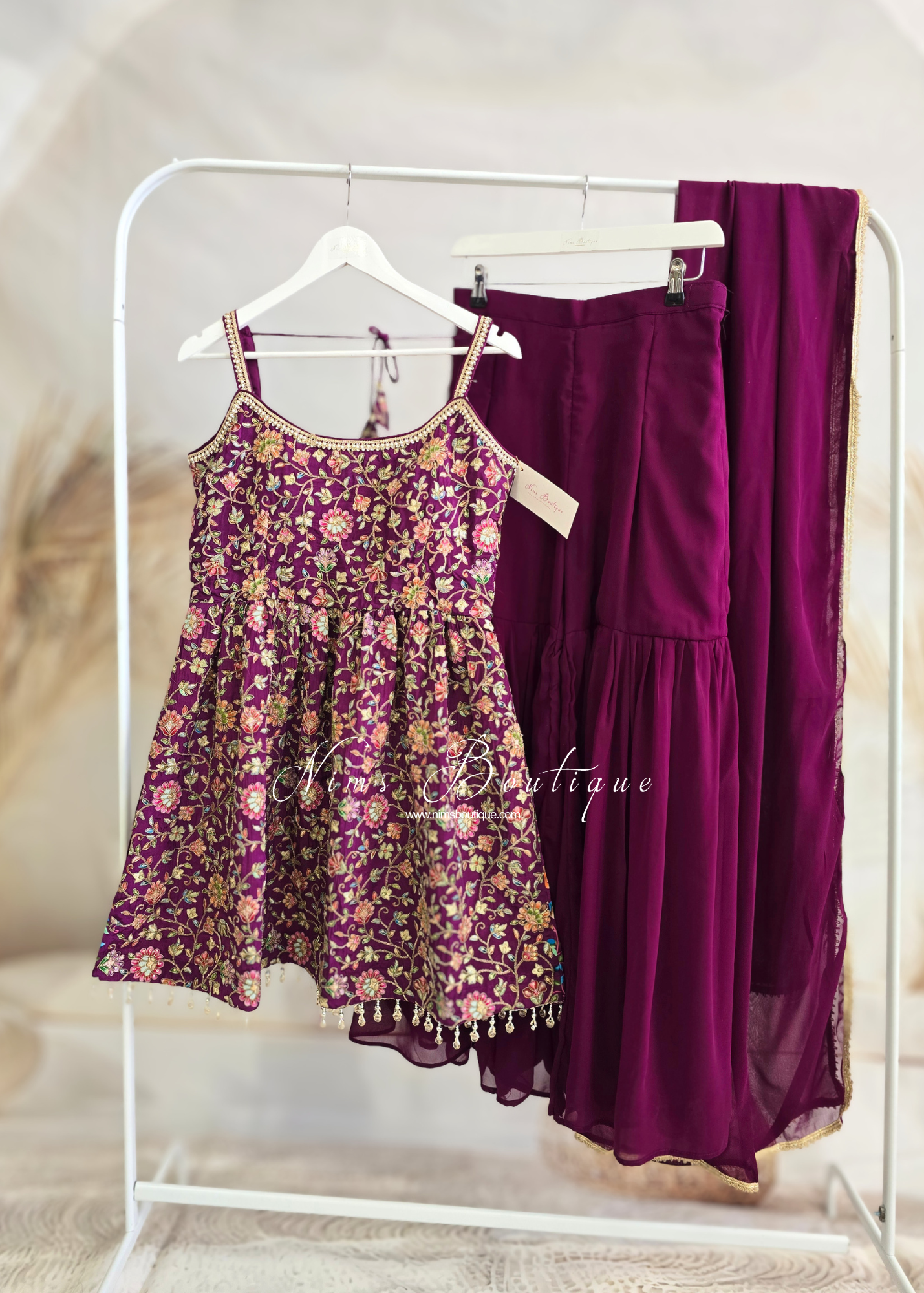 Plum Purple Frock Thread Embroidered Gharara Suit (size 12)