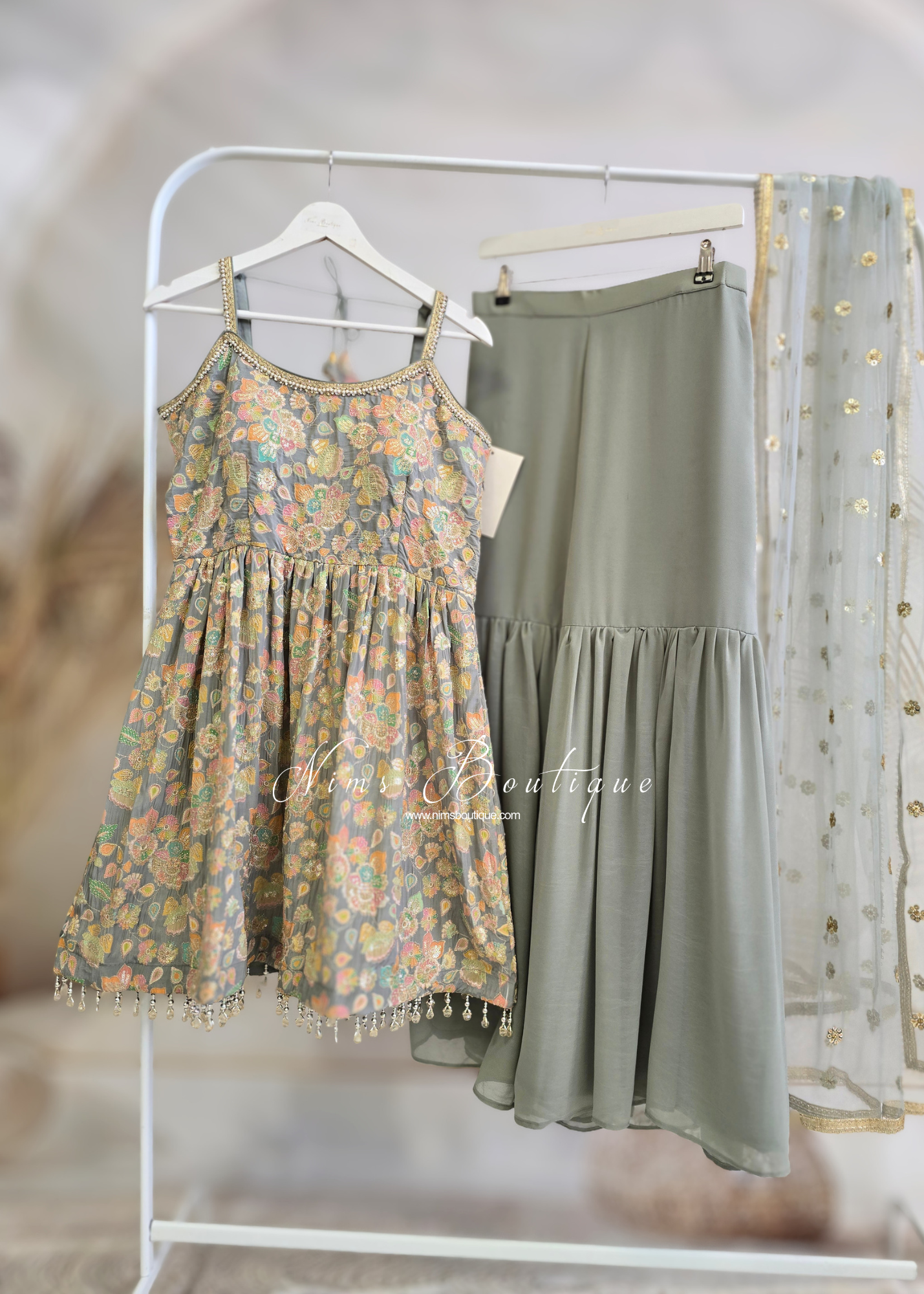 Grey Pastels Frock Thread Embroidered Gharara Suit (size 12)