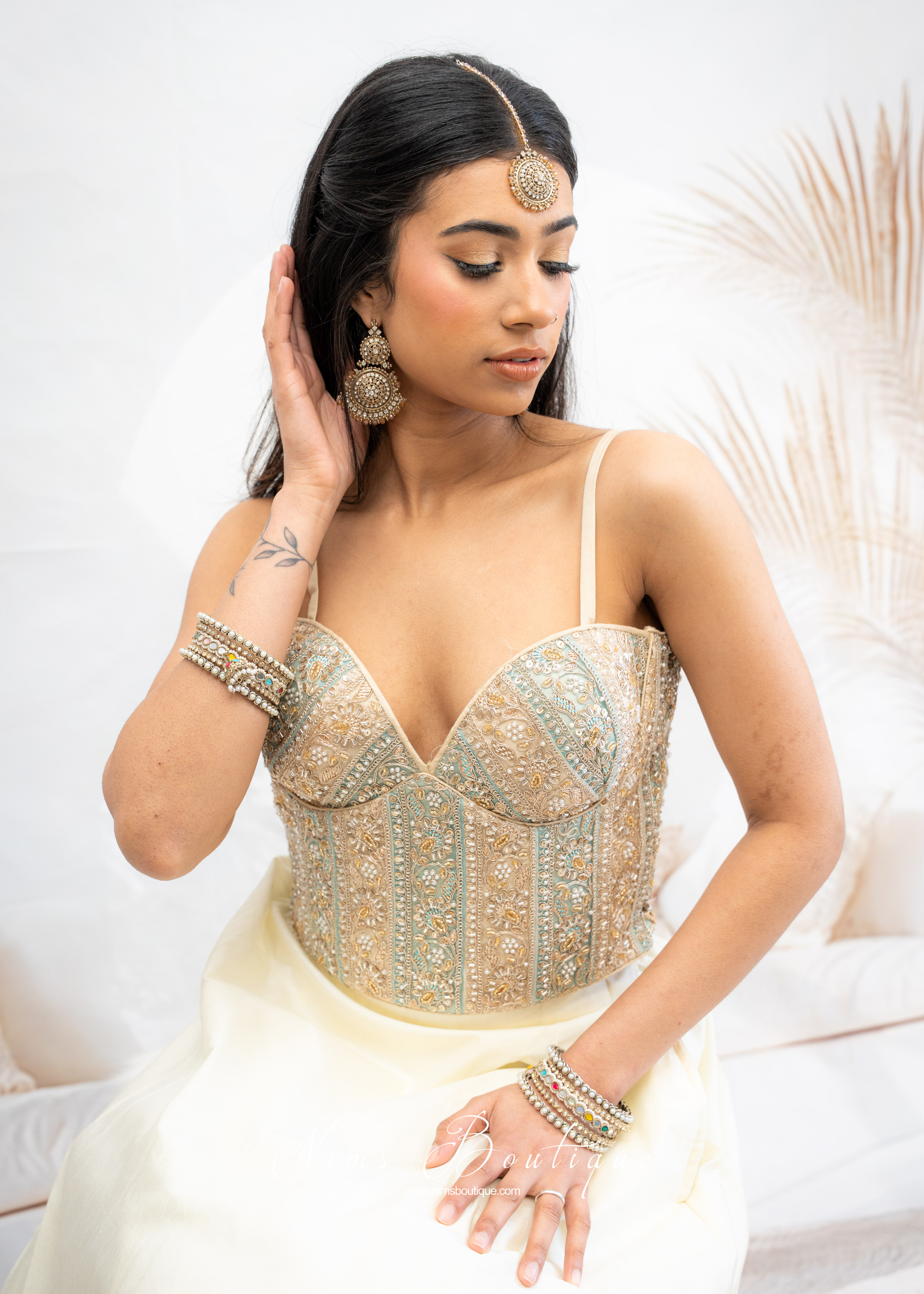Maria Luxury Blue & Gold Embroidered Corset Blouse (one size)
