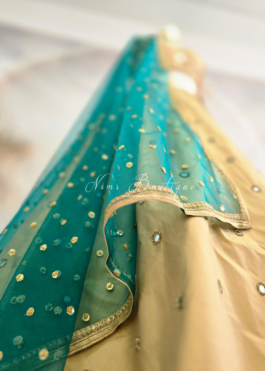 Luxury Peacock Green Net Sequin Dupatta/Chunni (LNS12)