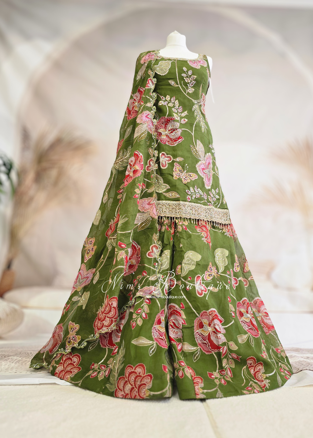 Luxury Olive Green Embellished Gharara Suit (size 10-12)