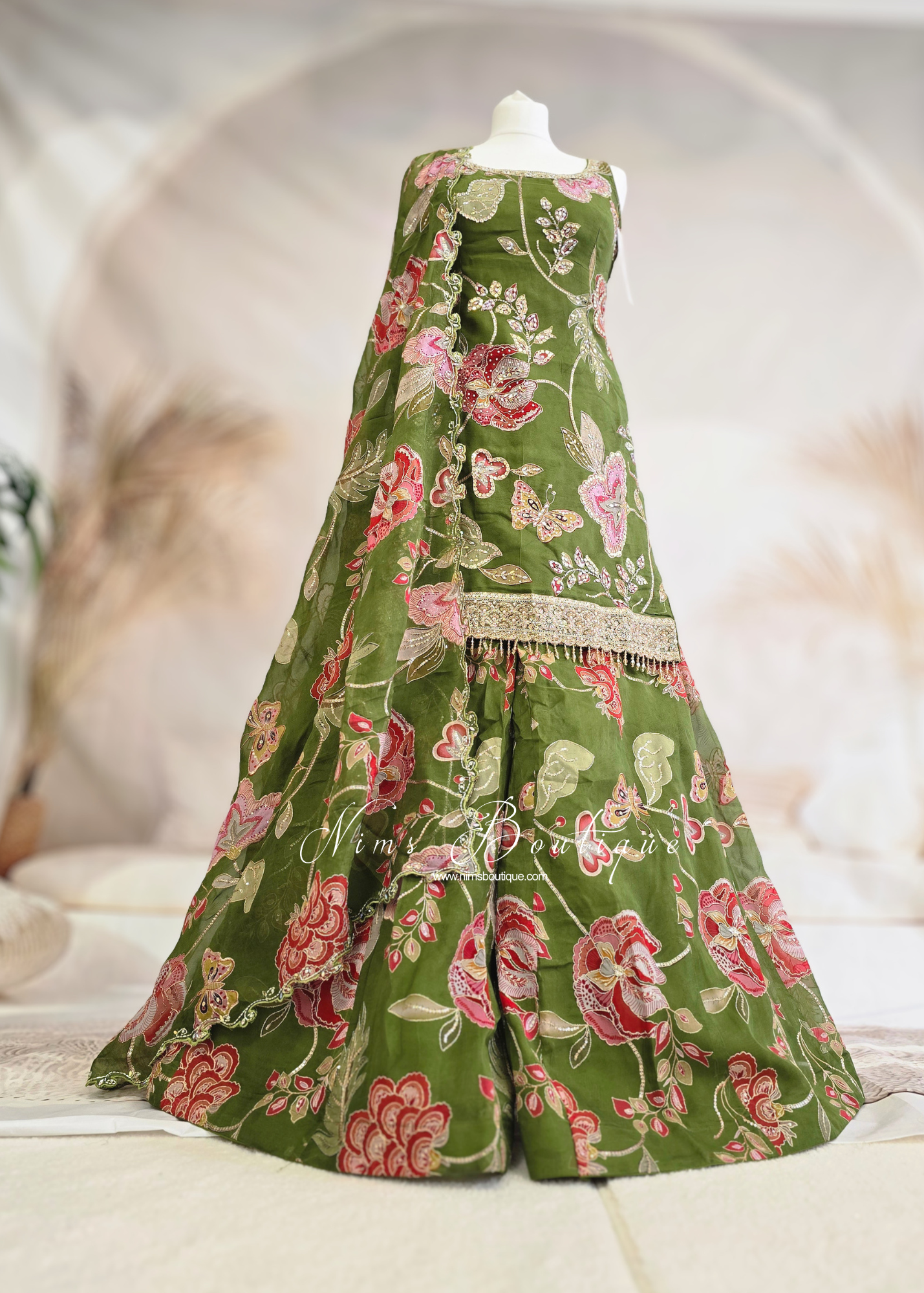 Luxury Olive Green Embellished Gharara Suit (size 10-12)