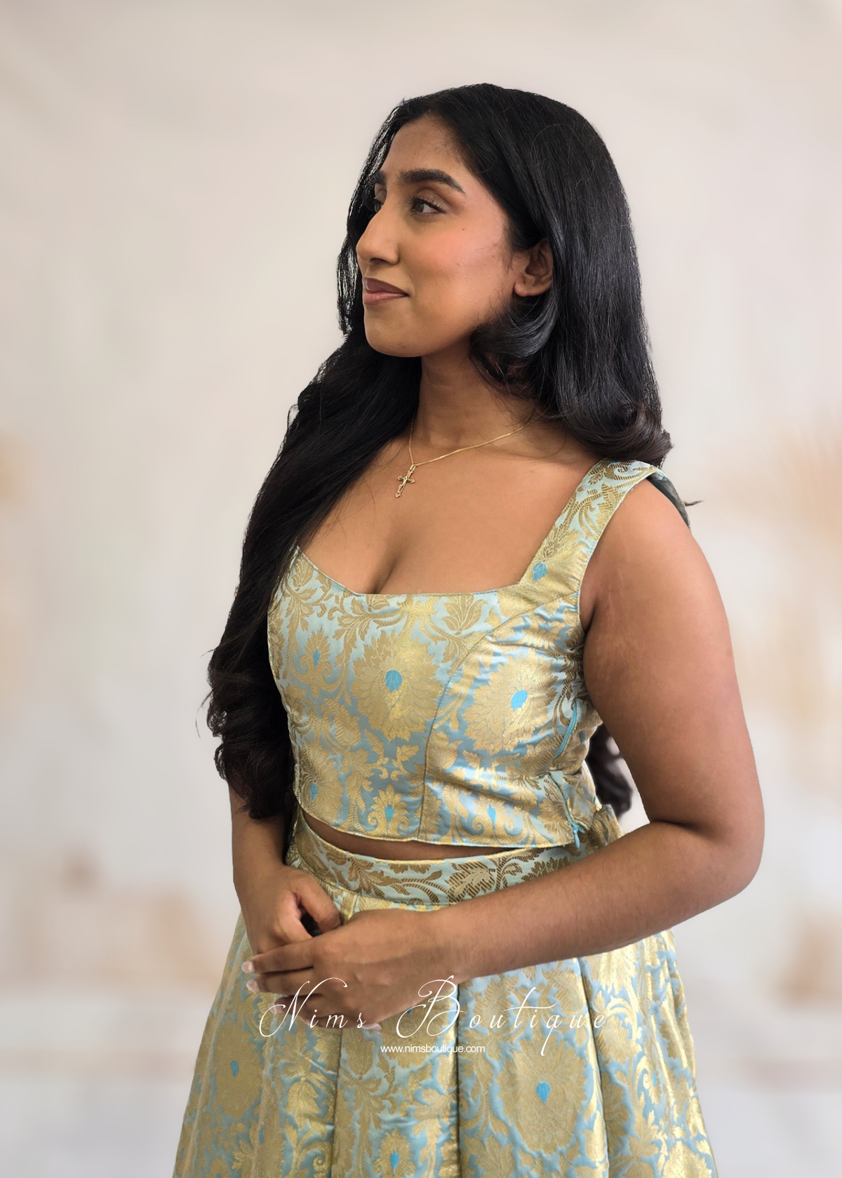 Powder Blue Brocade Sleeveless Blouse (4-16)