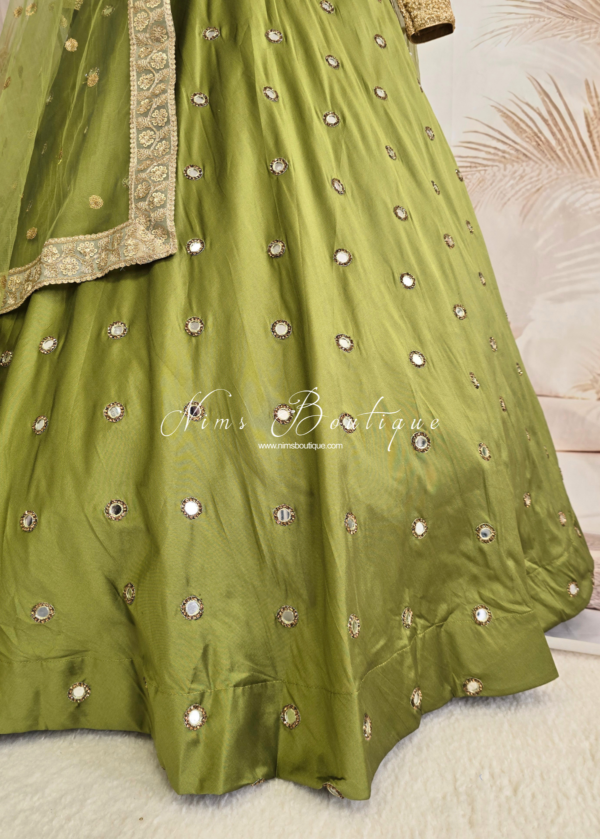 Rani Luxury Silk Mehndi Green Mirror readymade skirt/lehnga (sizes 8-20)
