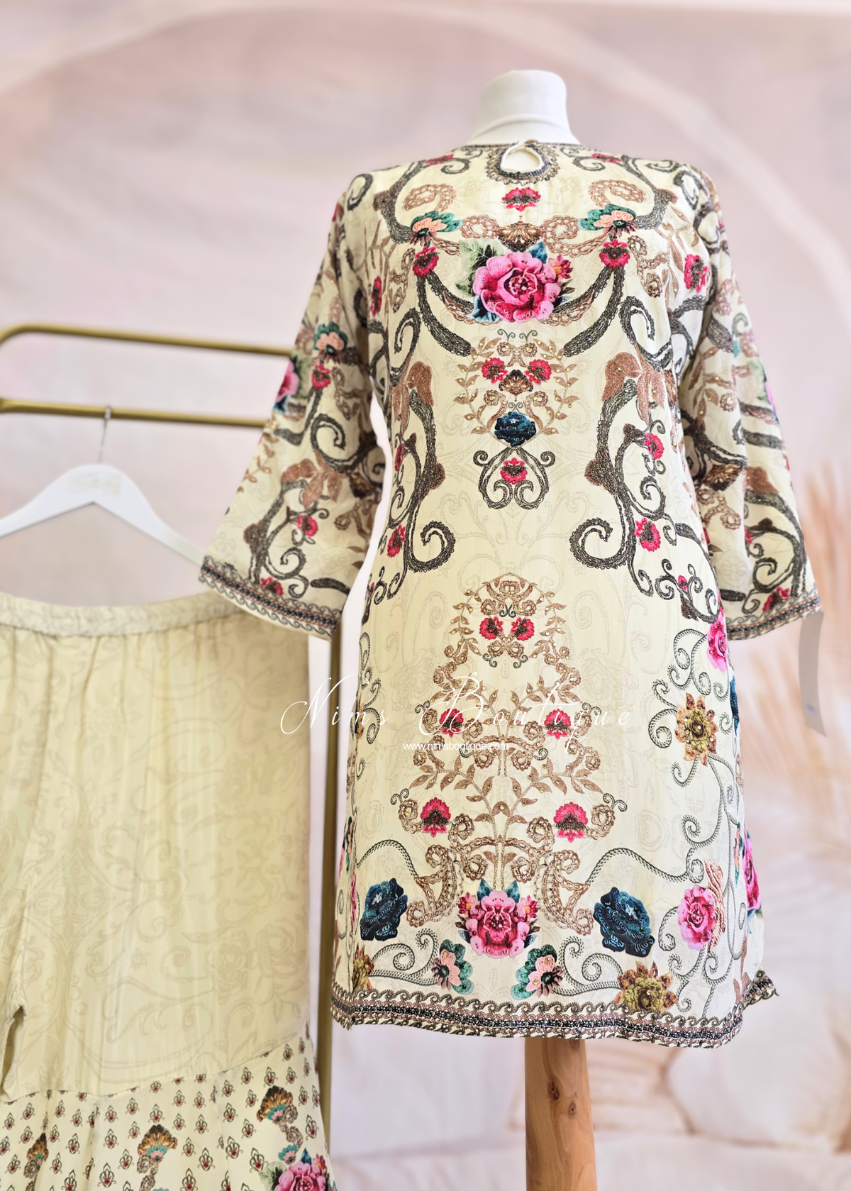 Cream Printed Floral Gharara Suit (size 14-18)