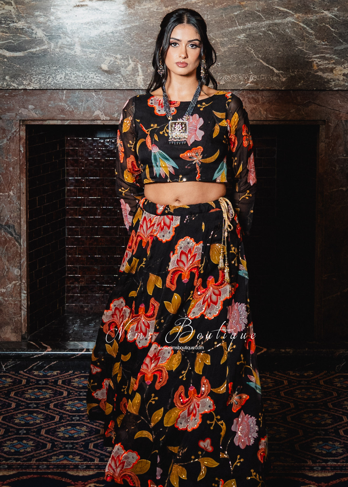 Evelina Black & Orange Floral Long Sleeve Blouse (sizes 6-24)