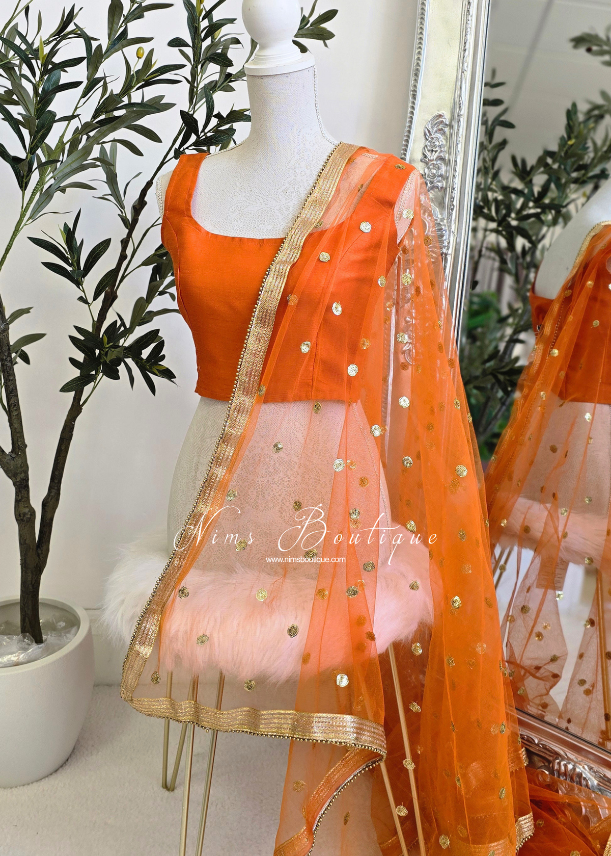 NB Orange Net Sequin Dupatta/Chunni (Bead edging)