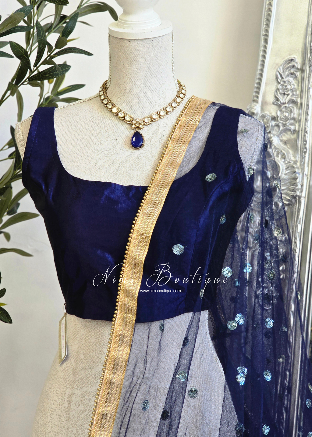 NB Navy Net Sequin Dupatta/Chunni (Bead edging)