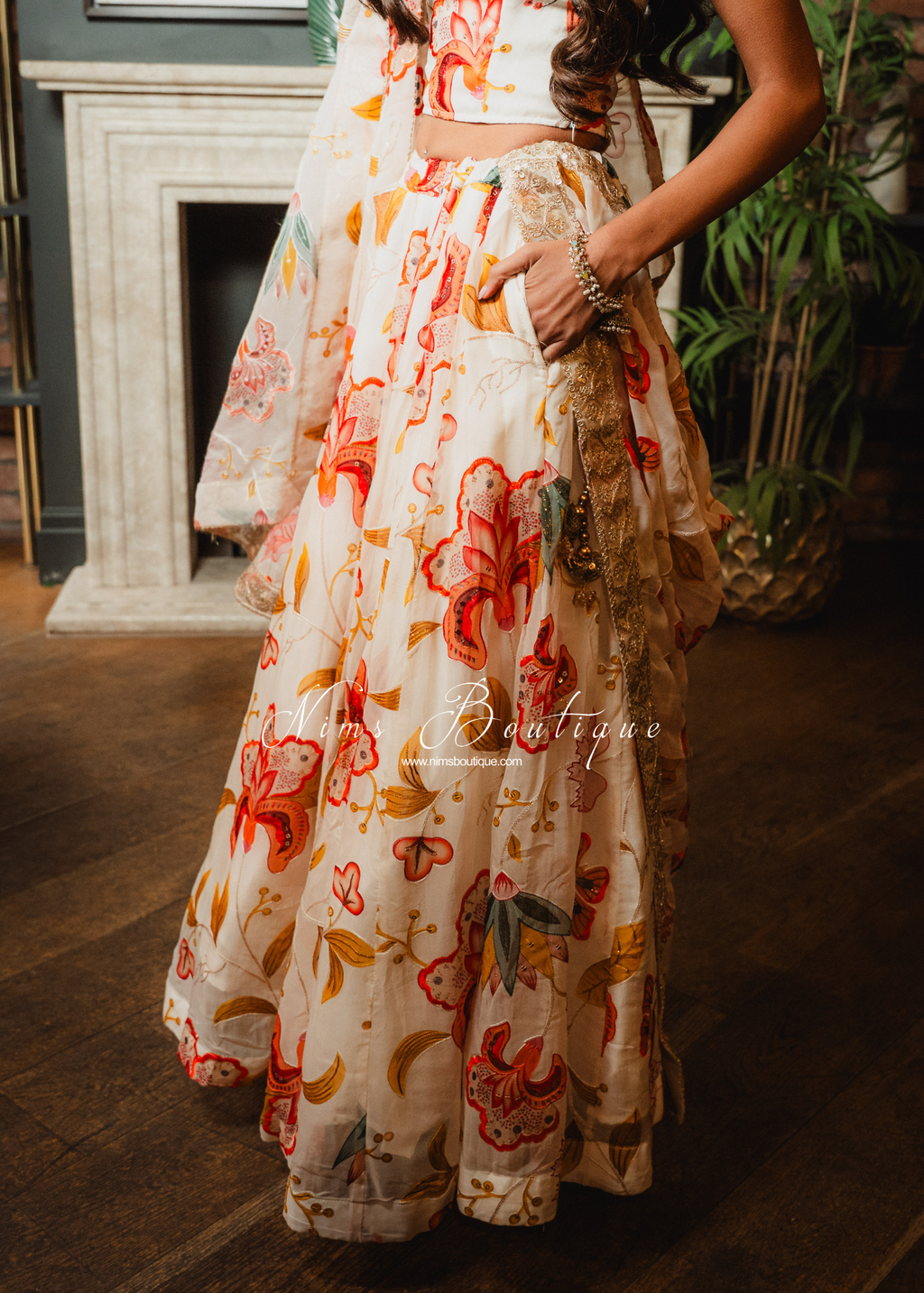 Evelina Ivory & Orange Floral readymade skirt/lehnga (size 8-12)