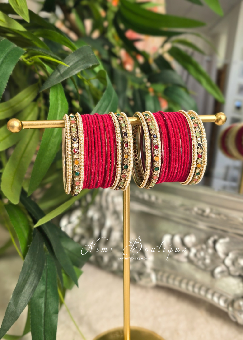 Neha Raspberry Pink Velvet & Multicolour Set of Bangles