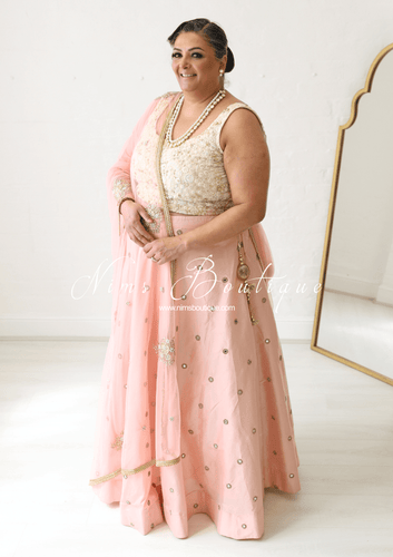 Nims Boutique Peach Net Pearl Embellished Dupatta/Chunni with Gold Bead Edging GB1