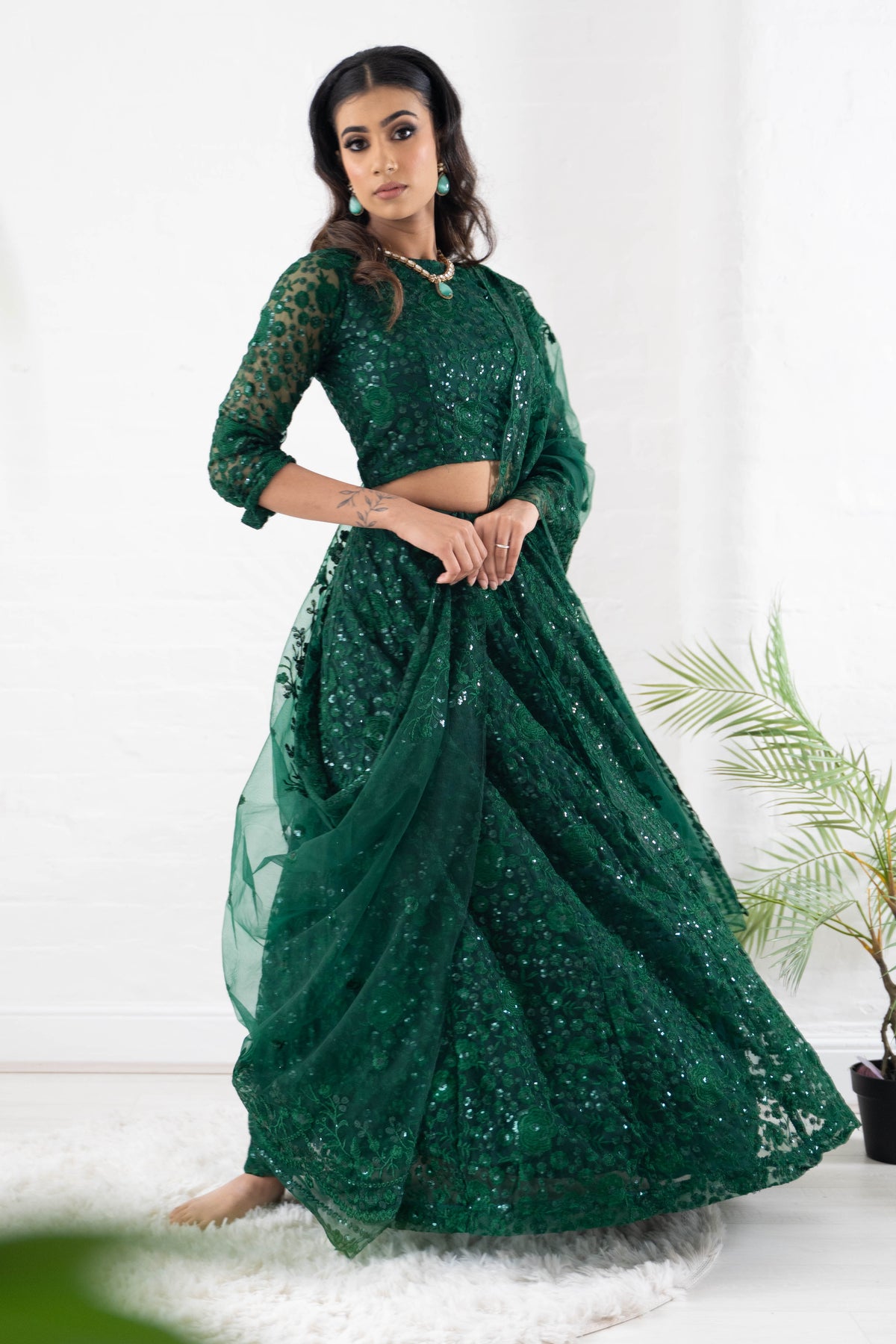 Ayesha Luxury Emerald Green Net Embroidered Dupatta/Chunni