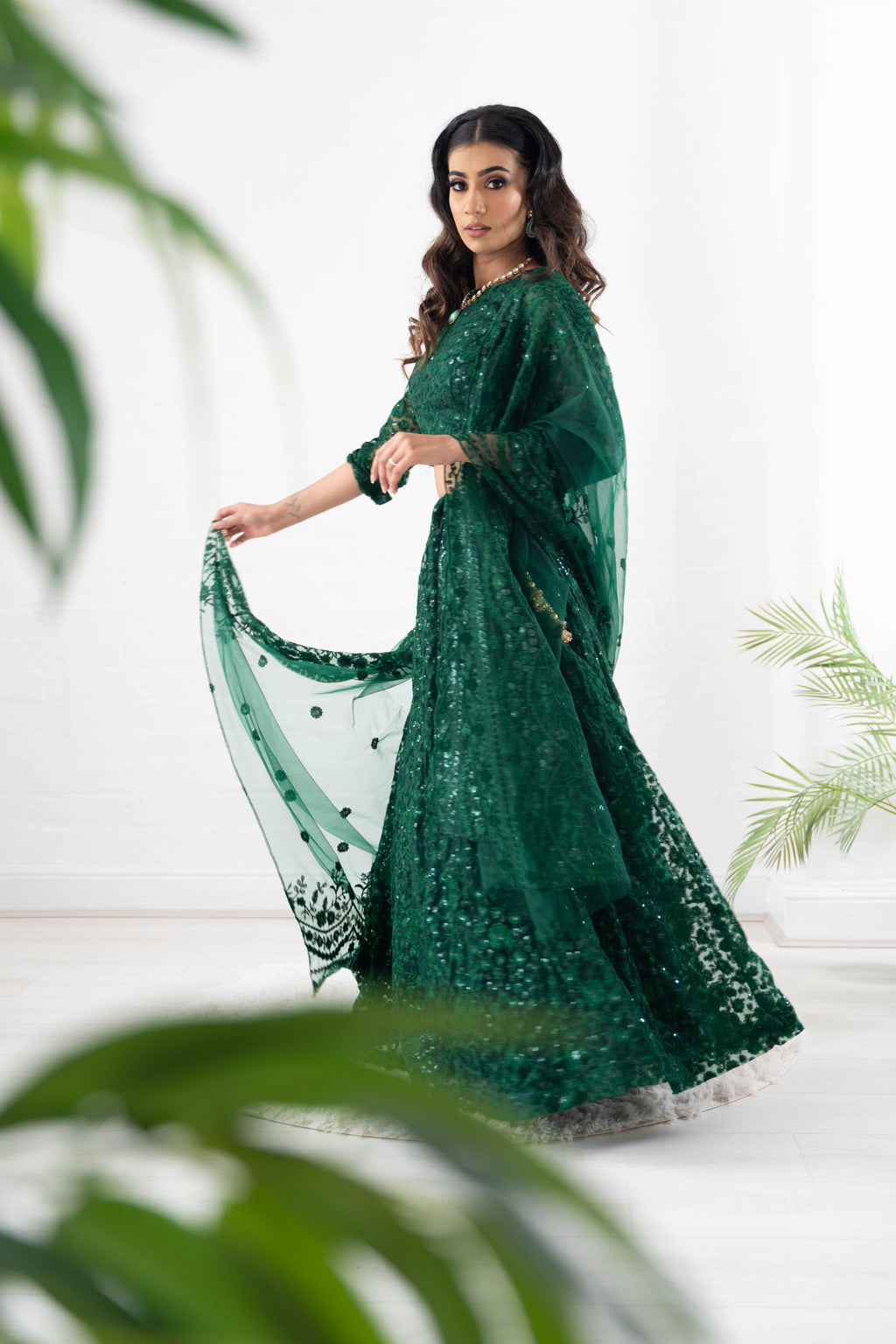 Ayesha Luxury Emerald Green Net Embroidered Dupatta/Chunni