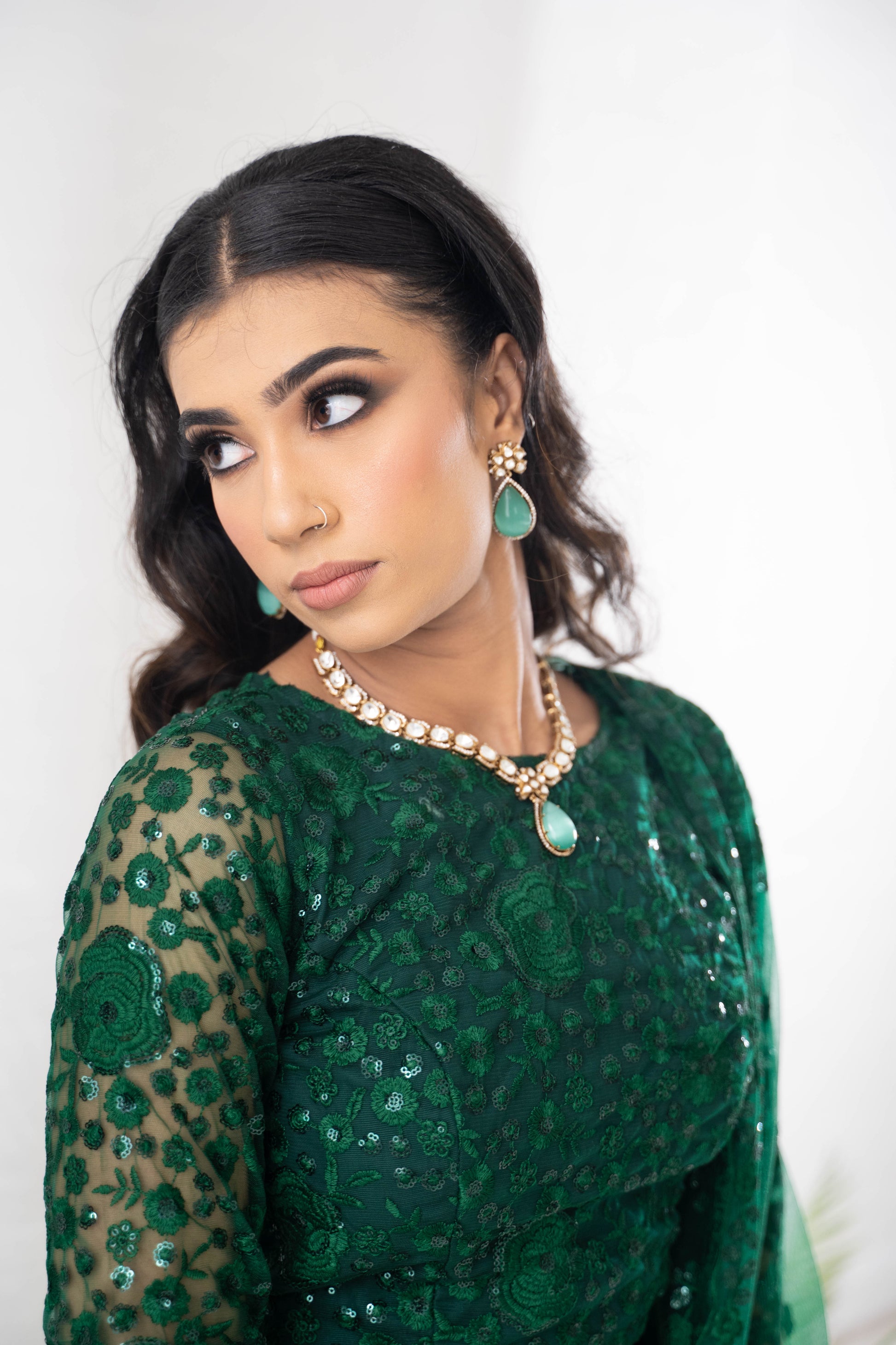 Ayesha Green Net Long sleeved Blouse (size 4-18)