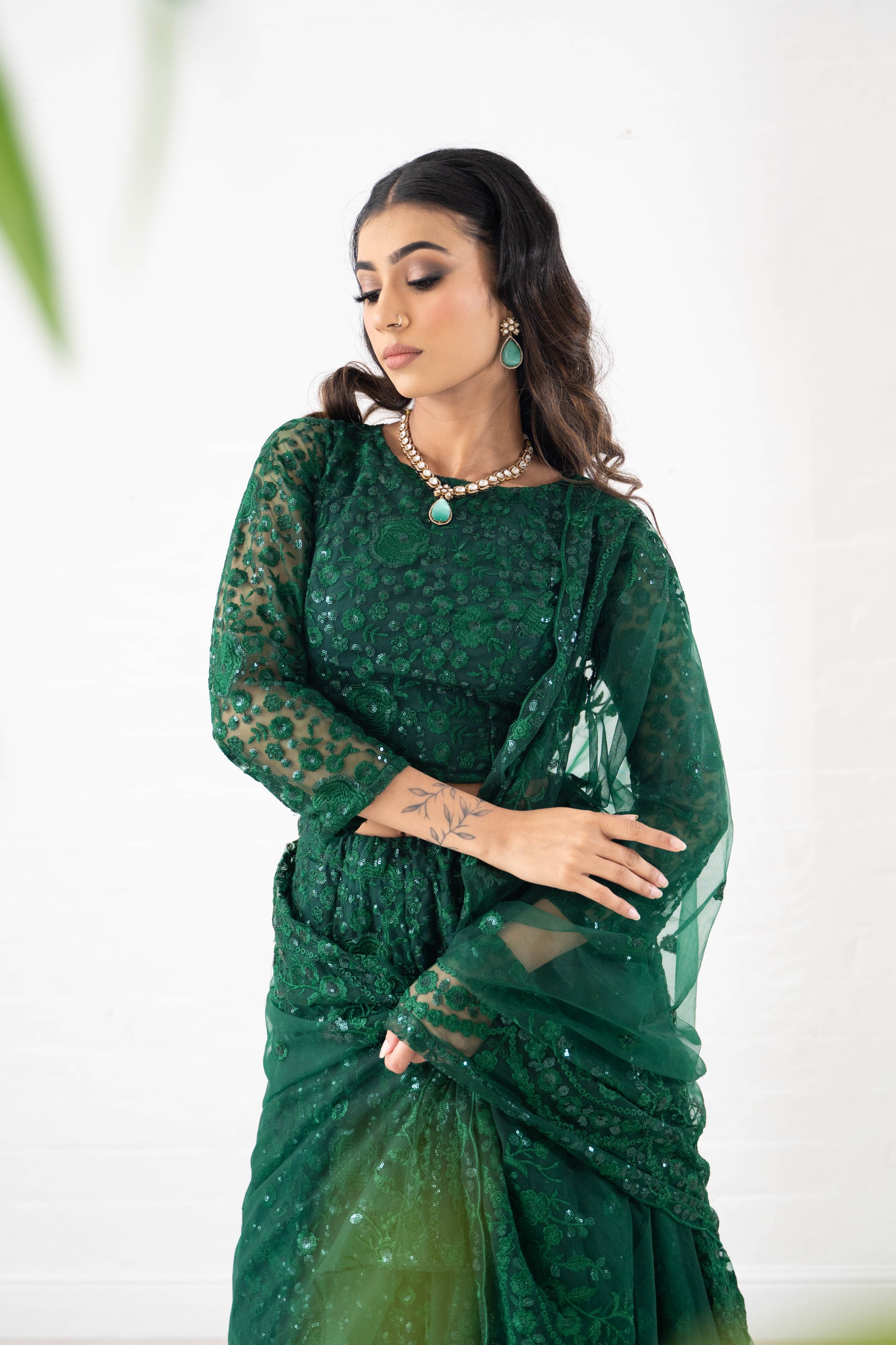 Ayesha Green Net Long sleeved Blouse (size 4-18)