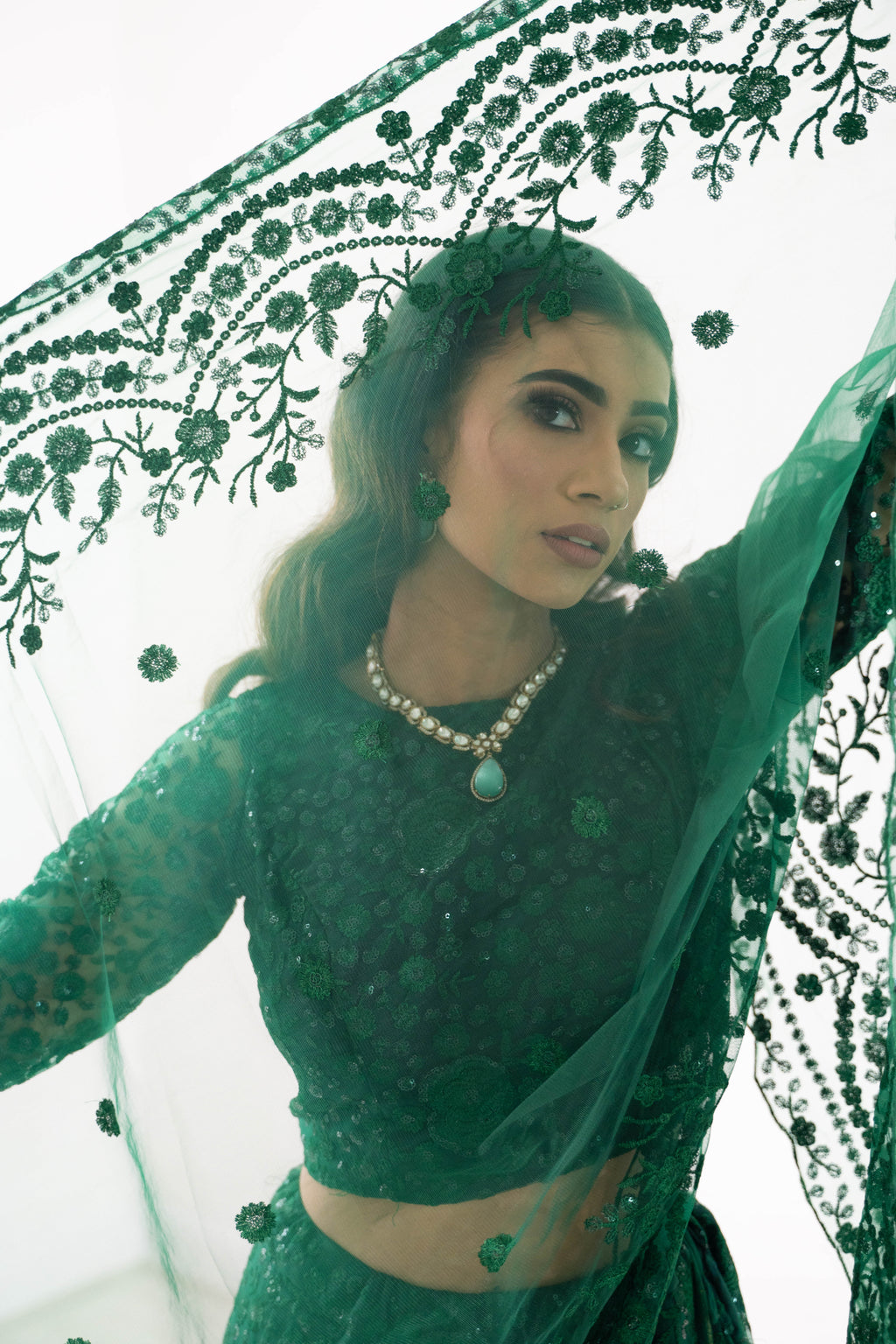 Ayesha Luxury Emerald Green Net Embroidered Dupatta/Chunni