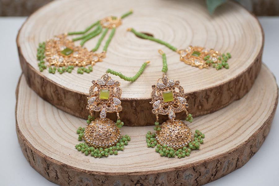 Nims Boutique Ridhi Lime Green Earrings, Tikka & Passa Set