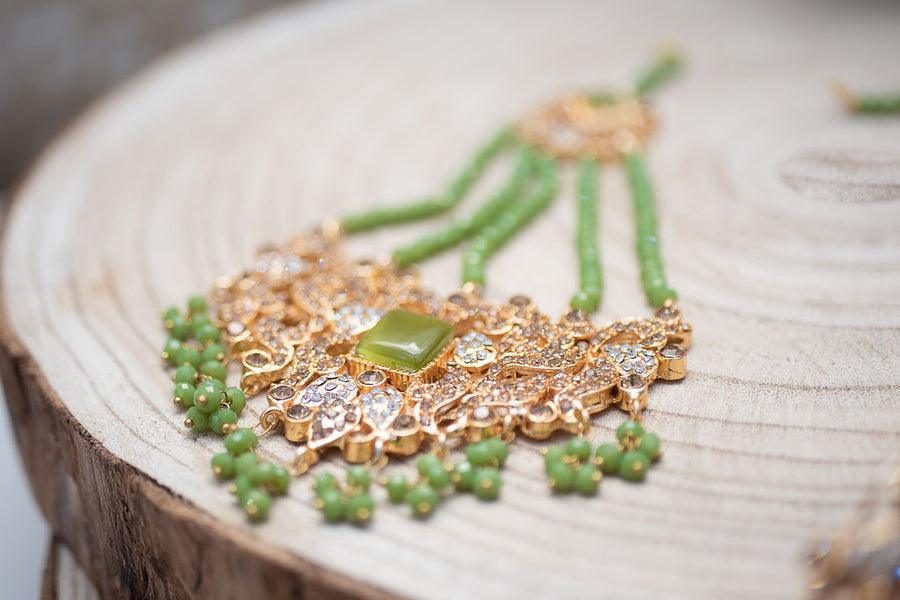 Nims Boutique Ridhi Lime Green Earrings, Tikka & Passa Set