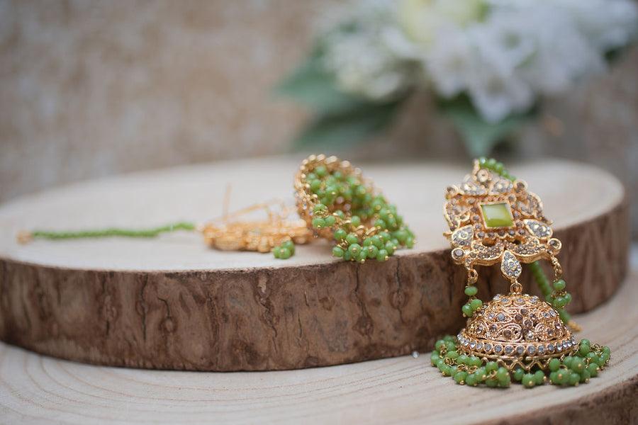Nims Boutique Ridhi Lime Green Earrings, Tikka & Passa Set