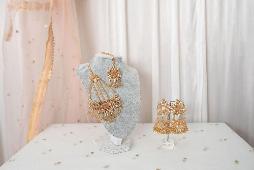 Nims Boutique Ridhi Peach & Gold Earrings, Tikka & Passa Set