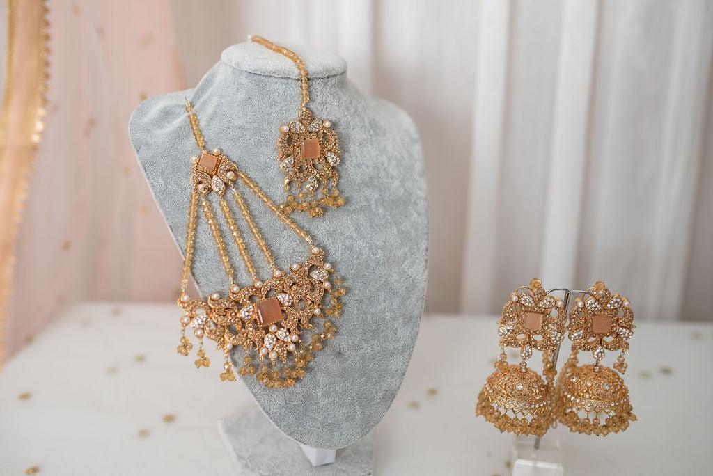 Nims Boutique Ridhi Peach & Gold Earrings, Tikka & Passa Set