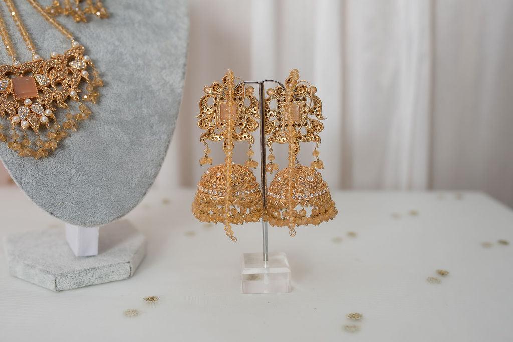 Nims Boutique Ridhi Peach & Gold Earrings, Tikka & Passa Set