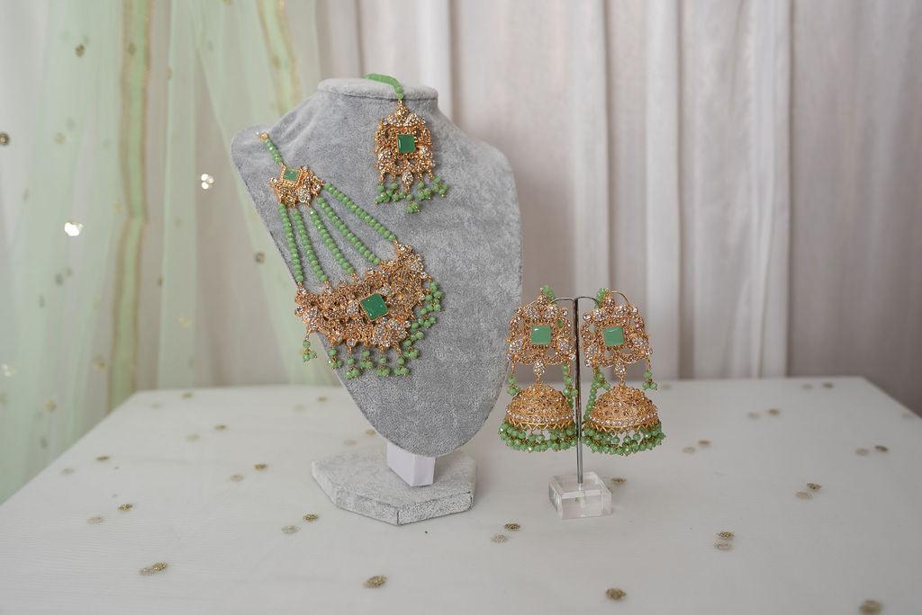 Nims Boutique Ridhi Mint Green Earrings, Tikka & Passa Set