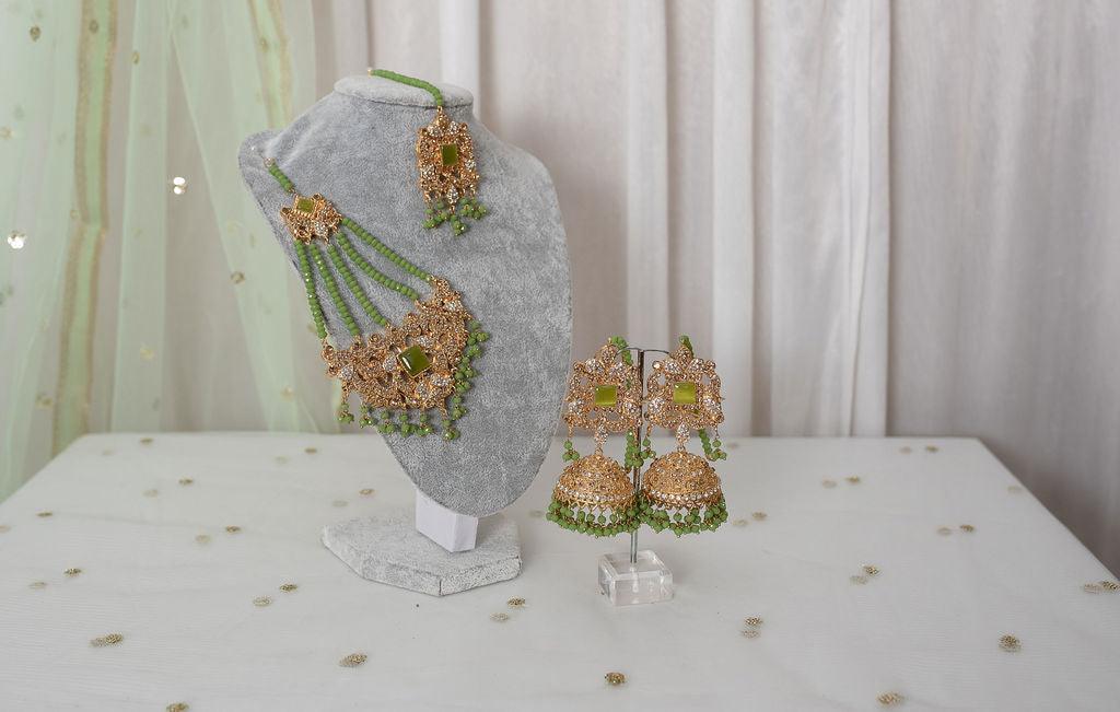 Nims Boutique Ridhi Lime Green Earrings, Tikka & Passa Set