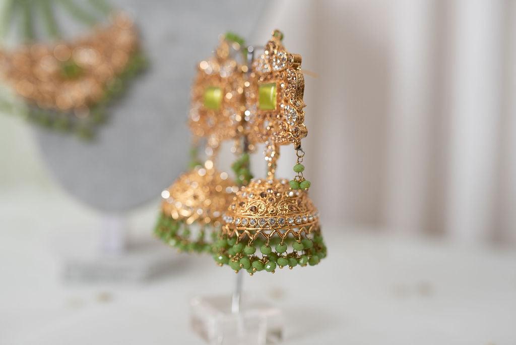 Nims Boutique Ridhi Lime Green Earrings, Tikka & Passa Set